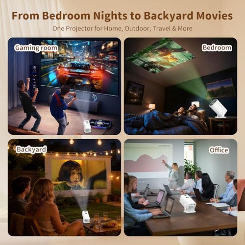 Sainyer Mini Projector, 4K Supported Full HD 1080P Portable Projector, 270° Rotation Outdoor Movie Projector with Electric Keystone, ≤25dB Low Noise, Dual HiFi Speakers, HDMI/USB, Projecteur 4K