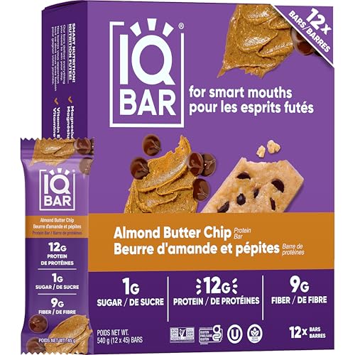 IQBAR Clean Plant Protein Bars - Almond Butter Chip - 12 Count - Keto, Vegan, High Fiber, Gluten and Dairy Free, Low Sugar Snack - Brain and Body Nutrients for Focus, Energy, Meal Replacement