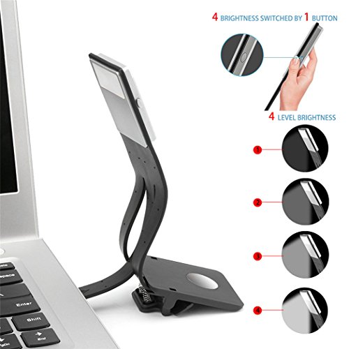 Book Light - Picowe LED Reading Light, USB Rechargeable and 4-Level Adjustable Brightness Flexible Reading Lamp, Clip On for Kindle, Book, eBook Reader, Ipad and More (Black)