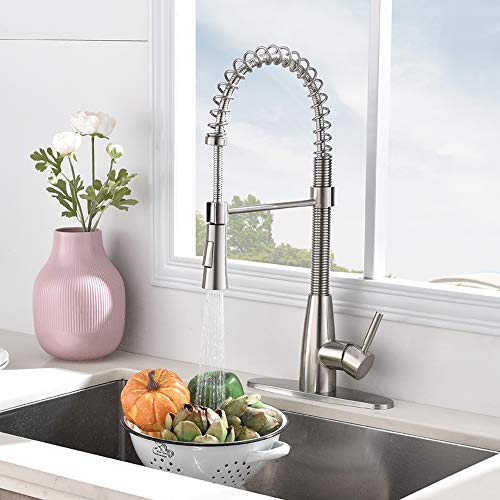 VESLA HOME Modern Commercial Stainless Steel Single Handle Pull Down Sprayer Head Brushed Nickel Kitchen Faucets, Sink Faucet Kitchen with Deck Plate