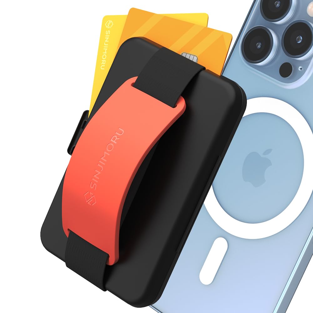 Sinjimoru for MagSafe Wallet, Secure Hard Lock Magnetic Card Holder as a MagSafe Stand and MagSafe Grip for iPhone 16 15 14 13 12. M-Card Zip Clementine