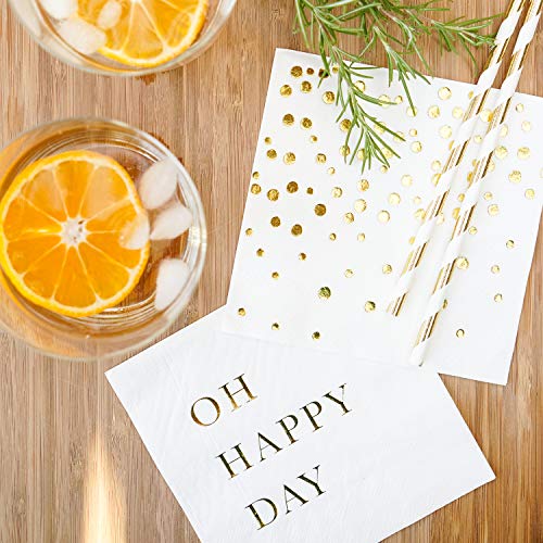 Sunshine Supply Gold Cocktail Napkins - 3-Ply Paper Party Napkins for Wedding Reception, Baby Shower, Bridal Shower, 5 Inch Gold Napkins (Oh Happy Day and Confetti Dots Set)