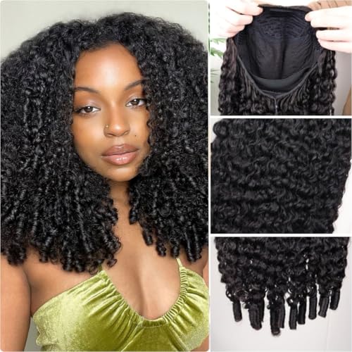 Human Hair Wig Curly Human Hair Half Wig Half Head Burmese Curly Brazilian Glueless with Spiral Curly Ends 3 in 1 Drawstring Seamless Clip Ins Flip Over Natural Black 24 Inches