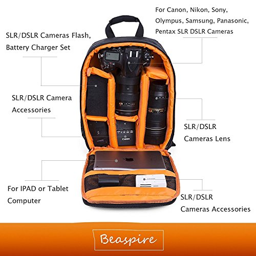 Camera Shockproof Backpack DSLR Hiking Camera Bag Waterproof for Canon, Nikon, Sony, Olympus, Samsung, Panasonic, Pentax Cameras and Other Accessories (Orange) - Thumbnail 3