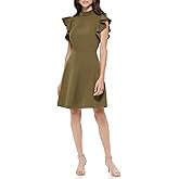 Tommy Hilfiger Womens Fit and Flare Woven Flutter Sleeve Mock Neck Dress