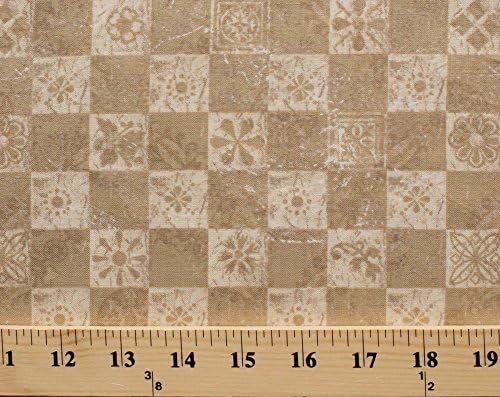 Cotton Coffee Break Checkers Checkered Squares Tiles Pattern Flowers Floral Designs Beige Cotton Fabric Print by the Yard (3743-19888-bei1)