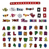 XHAOYEAHX Pack of 50 Shoe Charms of Letters Alphabet Numbers Love Kiss Words Fits for Croc Shoes & Wristband Bracelet + 4Pcs Shoe Lace Adapter + 1Pcs 7.08in Silicone Bracelet Bands