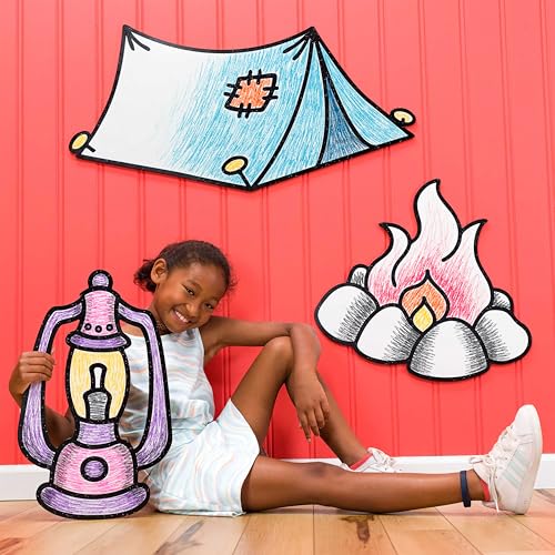 Camping Outdoor Adventure Kids Wall Décor – Color n' Erase Tent, Campfire, Lantern – Interactive Art for Toddlers, Nursery, Bedrooms, Playrooms, Daycares