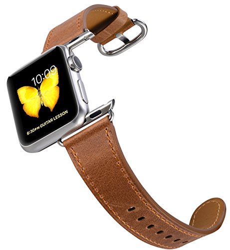 PEAK ZHANG Apple Watch Band 42mm Men Caramel Vintage Genuine Leather Replacement Wrist Strap with Stainless steel Clasp for Apple Watch Series 3 2 1 Edition Sport