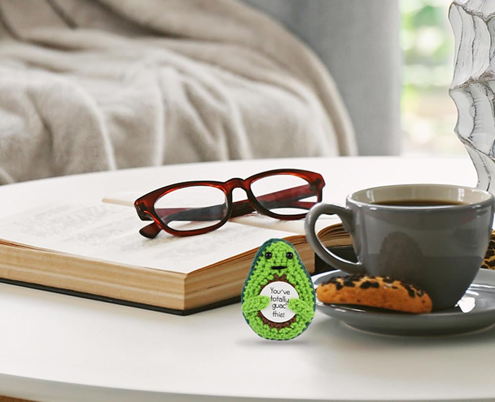 Hoedia Funny Positive Avocado Cute Christmas Gift, Emotional Crochet Doll Inspirational Support Gag Gifts with Cards, Small Knitted Avocado Birthday Self Care Present for Women Men Friend Coworke
