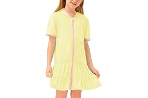 BesserBay Summer Girls Zip-Up Terry Beach Quick Dry Cover Up Cozy Tiered Ruffle Hem Smocked Bathrobe with Hood 3-14 Years