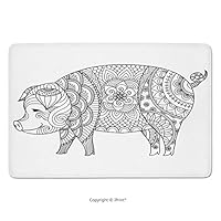 Memory Foam Bathroom Rugs, Pig, Pig Animal with Ornamental Floral Patterns Oriental Sketch Design, Black and White, Non-Slip Bath Mat Soft Absorbent Kitchen Rug Shower Floor Carpet