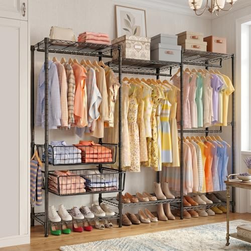 Perchero de Metal para Ropa con 2 Cestas Almacenamiento Deslizantes, Closet Armables de Ropa Multifunción, Perchero de Pie Carga de 400KG, 174 * 43.5 * 195cm, Negro