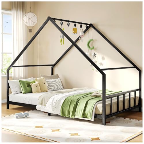 SIMPLE ESPACIO Base Cama Matrimonial,Base de Cama Matrimonial con Metal,Recamara matrimonial con Techo Triangular,Base para Cama Matrimonials con 6 Ganchos,Cabecero y Pie de Cama de Metal.(Negro)