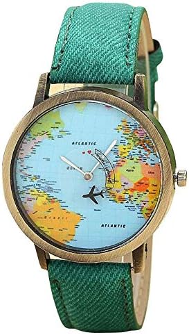 Womens Global Travel by Plane Map Watches Quealent Clearance Ladies Watches Female Watches Denim Fabric Wrist Watches