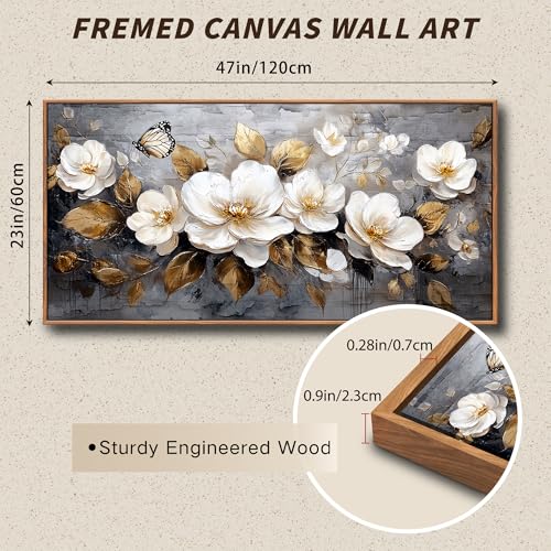 hyidecorart Modern Bedroom Decoration Pictures with Wooden Frame, 60 x 120 cm XXL Large Decorative Canvases Wall Living Room, Pictures Wall Decoration Golden Flowers, Wall Art Dining Room Bathroom Hallway