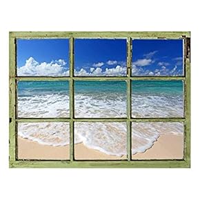 Window View Wall Mural - Tropical Beach and Clear Waves - Vintage Style Wall Decor - Peel and Stick Adhesive Vinyl Material - 24x32 inches