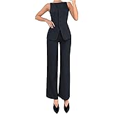 SOLY HUX Women's 2 Piece Business Casual Outfit Button Down Boat Neck Sleeveless Vest and Pants Set