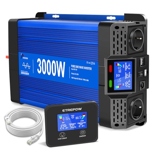 ETREPOW 3000 W/6000 W Inverter 12 V 220 V Pure Wave with Remote Control, 2 EU Sockets, 2 USB + Type-C Ports, for Household Appliances, Caravans, Camping Voltage Converter.