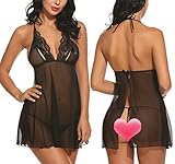 Avidlove Women Sexy Lingerie Halter Babydoll Open Back Chemises Transparent Lace Sleepwear