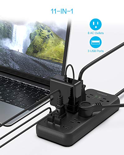 Surge Protector Power Strip, TESSAN 8 Outlets and 3 USB Ports 5Ft Long Extension Cord Flat Plug, 1875W/15A, 1700 Joules, Wall Mountable for Home, Office, School and Dorm Room Essentials, Black