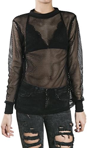 Khoul Women Swimwear Beachwear Long Sleeve Mesh Top Bikini Cover Up (Black)