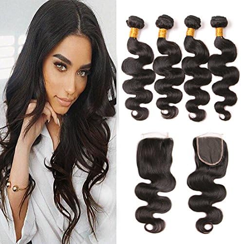 Body Wave Bundles and Closure 16 18 20 22 + 14 inch 9A Mink Brazilian Virgin Hair 4 Bundles with Closure Free Part Natural Color Human Hair Extension