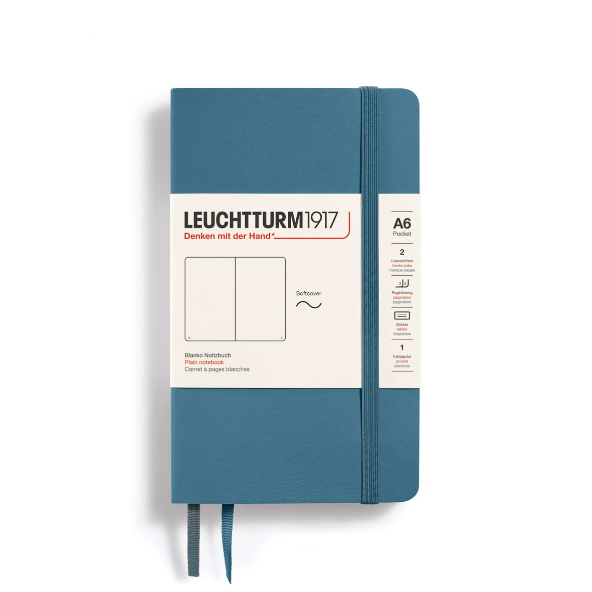 LEUCHTTURM1917 365648 Notebook Pocket (A6), Softcover, 123 Numbered Pages, Stone Blue, Plain