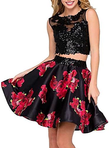 Women's 2 Pieces Floral Homecoming Dresses Cocktail Prom Gowns Size 4 Black
