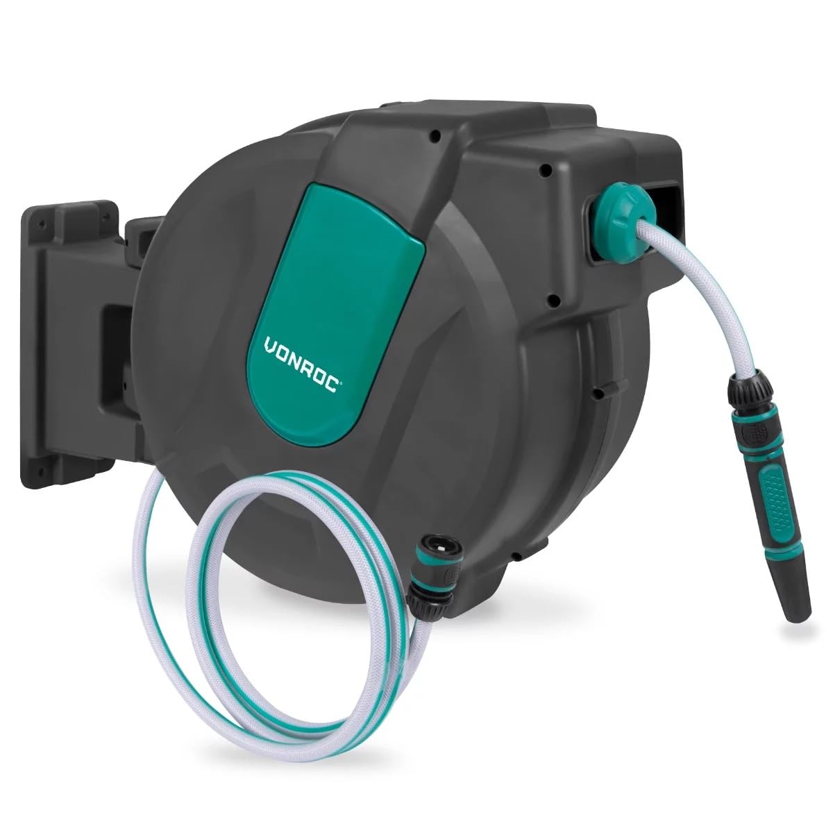 VONROC Schlauchtrommel Gartenschlauch als Schlauchaufroller 35 Meter - Wasserschlauch 180° drehbar als Schlauchbox inkl. Schlauchhalter Wand & Einzugautomatik - Grün