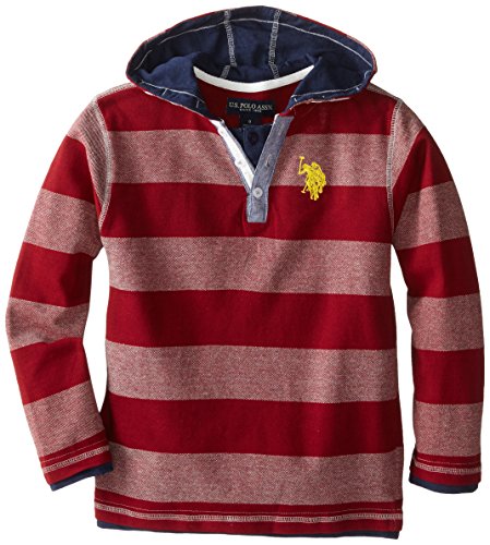 U.S. Polo Assn. Big Boys' Striped Pique Hoodie, Red/Heather Grey, 14/16