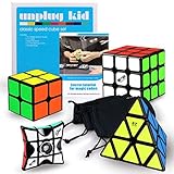 Classic Speed Cube Set: QiYi Premium WCA Twisty Puzzles Magic Cube Set - Black Floppy 1x3 Fidget Spinner Cube, 2x2 Speed Cube, 3x3 Cube Thunderclap, Pyraminx Pyramid Cube, Bundle, Guide, Storage Bags