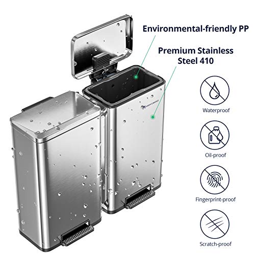 Cozy Castle 16 Gallon Dual Step Trash Can & Recycle Bin, Kitchen Trash Can with Lids & Foot