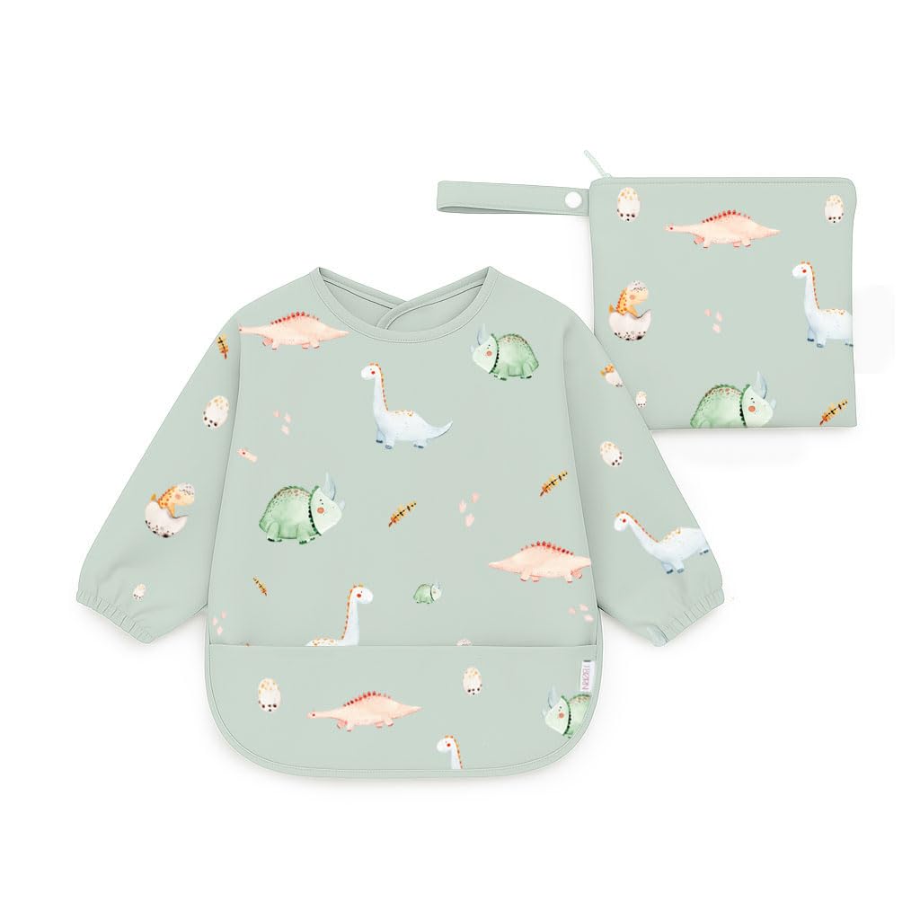 J.Børn BLW Long Sleeve Baby Feeding Bib 6-12M - Waterproof Coverall Weaning Bibs + Free Matching Storage Bag for Baby Led Weaning (Dinosaurs)