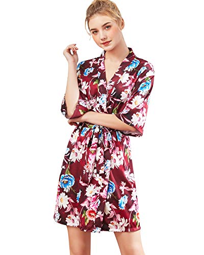 Shymay Women's Kimono Robe Satin Short Sleeve Silk Bridesmaid Wedding Party Nightgown Sleepwear,Red1,TagsizeM=USsizeXS