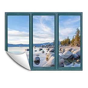 Wall Murals for Bedroom Fake Window Beach Blue Window Removable Wallpaper Peel and Stick Wall Stickers - 24x32 inches