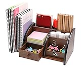 PAG Office Supplies Wood Desk Organizer Book Shelf Pen Holder Accessories Stroage Caddy with Drawer, 7 Compartments, Brown