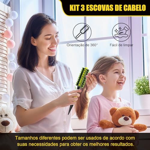 Kit 3 Escovas de Cabelo Profissionais 45mm 50mm 55mm, Cerdas de Javali e Nylon, para Todos os Tipos de Cabelo, Ideal para Modelagem, Volume e Redução de Frizz