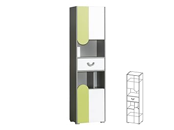 Schrank Hochschrank Regal mit Türen FUTURO Kinderzimmer Möbel Farbauswahl (weiß / graphite / grün)