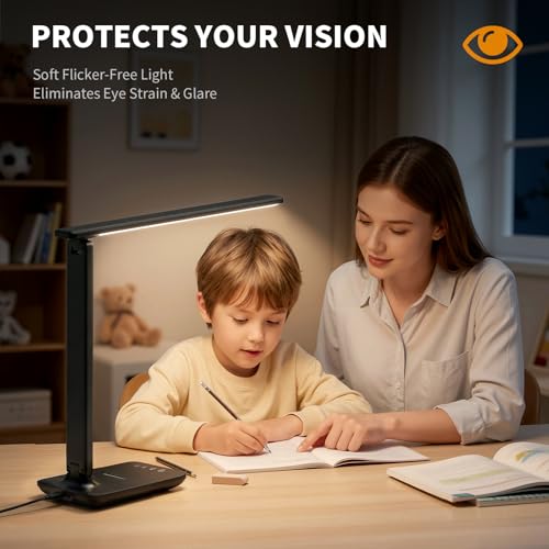 YAMYONE Lámpara de Escritorio LED con Puerto USB, Control Táctil, Luz Protectora Ocular, 5 Modos de Color y 5 Niveles de Brillo, Ideal para Dormitorio, Estudio y Mesita de Noche (Negro)