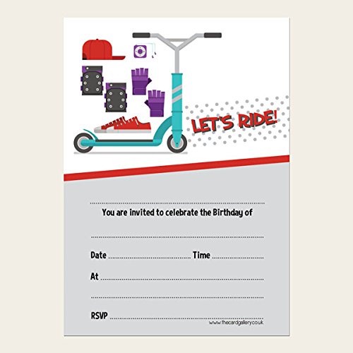 Kids Birthday Invitations - Stunt Scooter - Pack of 10. Hobby, Fun, Party, Children, Family, Friends, Classmates, Sports, Cool, Park Envelopes Included. (627)