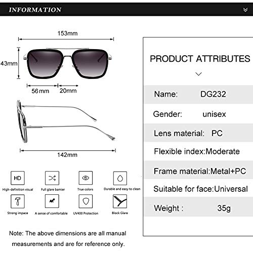 Vintage Aviator Square Sunglasses for Men Women Silver Frame Glasses Retro Brand Designer Classic Tony Stark Glaases