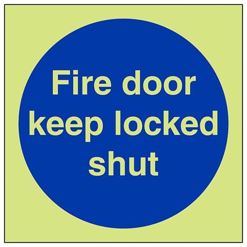 VSafety Glow In The Dark Fire Door Keep Locked Shut Sign - 150mm x 150mm - Self Adhesive Vinyl