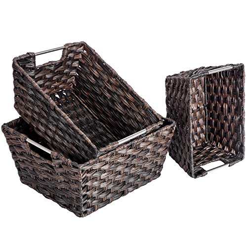 Woven Basket, MaidMAX Set of 3 Rectangular Wicker Rattan Nesting Baskets Storage Bins Containers Organizers Boxes with Handles for Shelves Pantry Bedroom Closet Organization