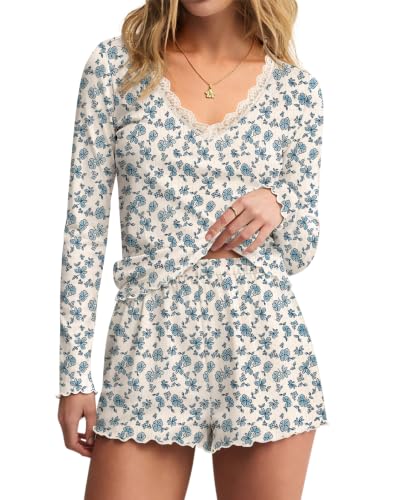 LEEDYA Womens Long Sleeve PJ Set Fall Sexy Lace V Neck Pajamas Shorts Set at Amazon