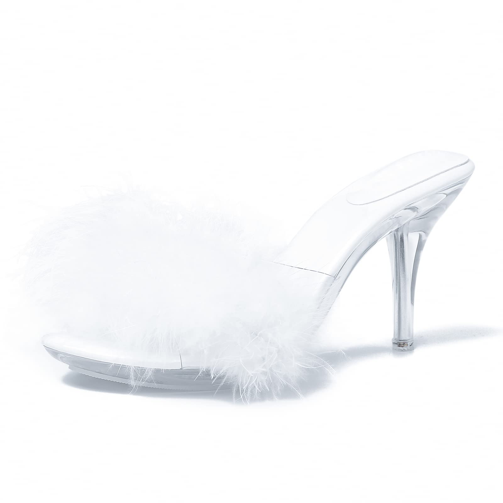 Photo 1 of Women's Fuzzy Slippers Clear Heels Pointed Toe Stilettos Heels Mules Sandals Fluffy Feather Slip On High Heeled Party Prom Dresses Shoes White 39 US7.5