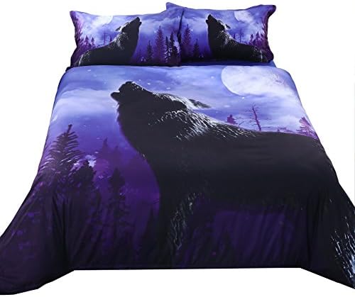 The Howling Wolf in the Moonlight Printed Cotton Blue 4 Peice Duvet Cover Set 3D Bedding 2 Pillowcase 1 Flat Sheet 1 Duvet Cover (Queen, Wolf)