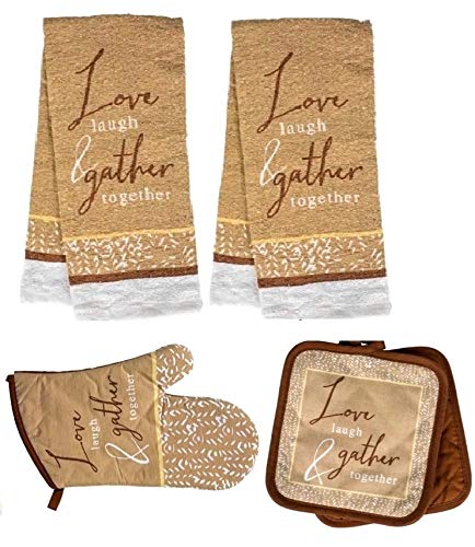 HomeConcept 5 Piece Kitchen Towel Set Includes 2 Towels 2 Potholders 1 Oven Mitt (Brown Love)