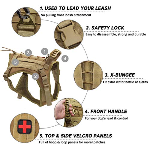 EJG Tactical Dog Harness Vest, with Molle System & Velcro Area, No Pulling Design, Comfy Mesh Padding, for Service Dogs, Military Training Hunting Hiking, for Medium Large Dogs (Medium, Tan)