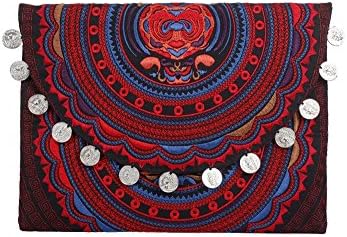 ETHNIC LANNA Red Cat Boho Women Clutch Bag Perfect for Tablet, Superior Embroidery with Coins